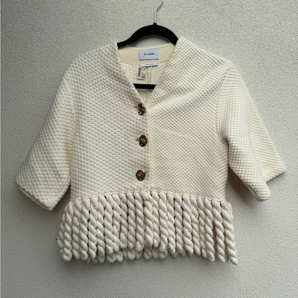 ST. JOHN Mini Float Textured Knit Maxi Fringe Jacket